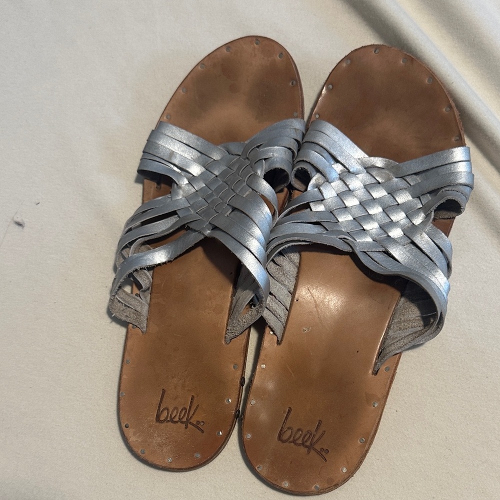 Beek Silver and Tan Woven Sandals